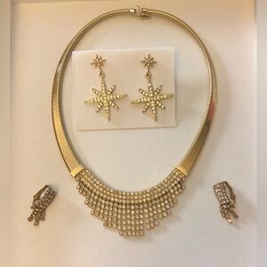 Rare Vintage Gold Tone Omega Choker with Rhinestone Fringe and Earrings